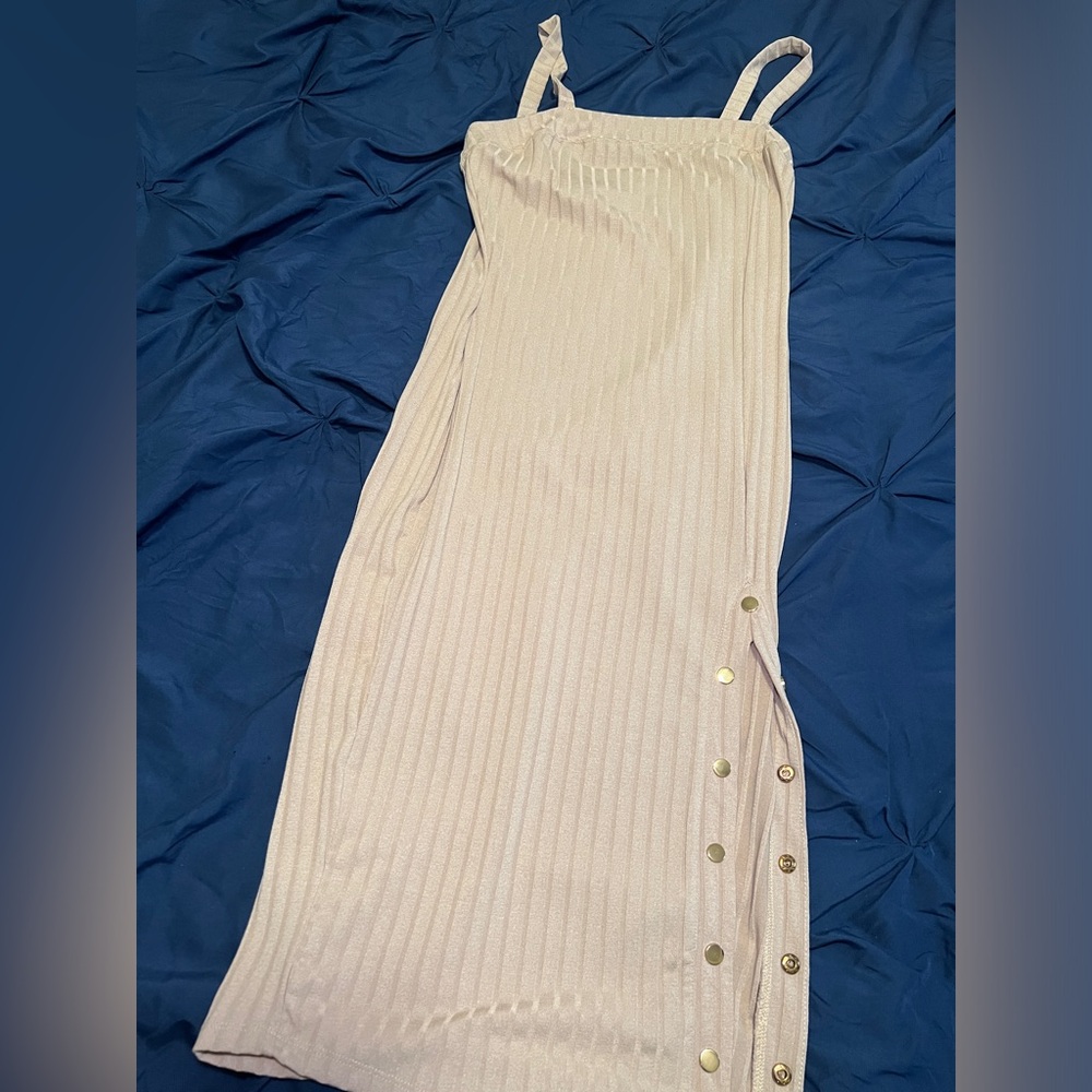 Beige spaghetti strap side slit dress